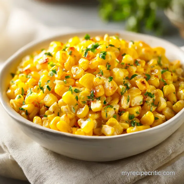 Creamy corn, glistening with melted honey butter, spooned into a white bowl. Sprinkled with herbs, it's a delightful side ...