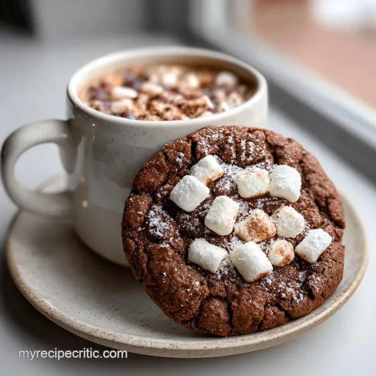 A single, soft hot cocoa cookie with a swirl of creamy frosting on a delicate plate. Dusted with cocoa powder for cozy app...