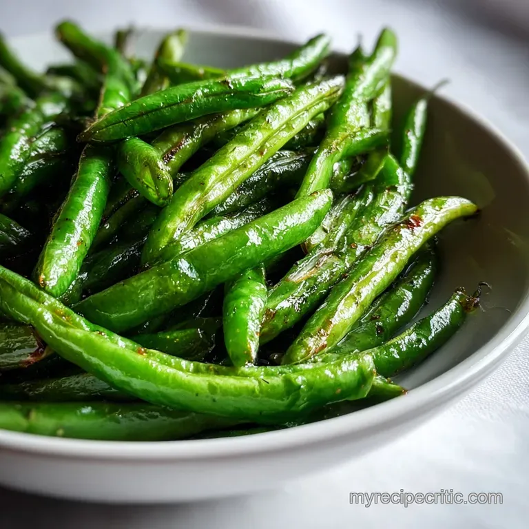 Perfectly arranged mound of vibrant green beans, glistening with oil, elegantly plated with toasted almond slivers and lem...