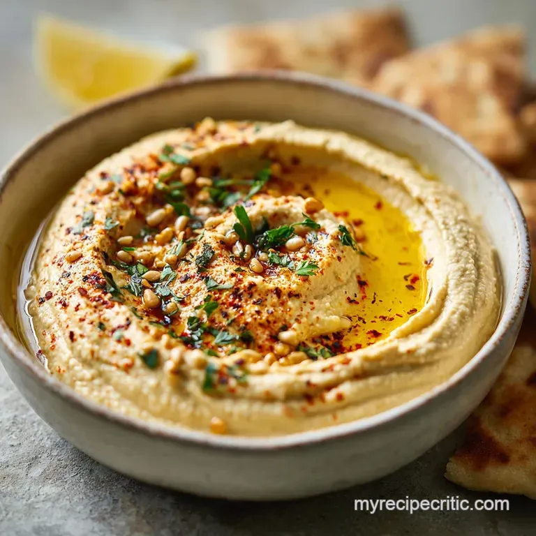 Creamy hummus artfully spread on a plate, adorned with bright chickpeas, parsley sprigs and a glistening olive oil pool.