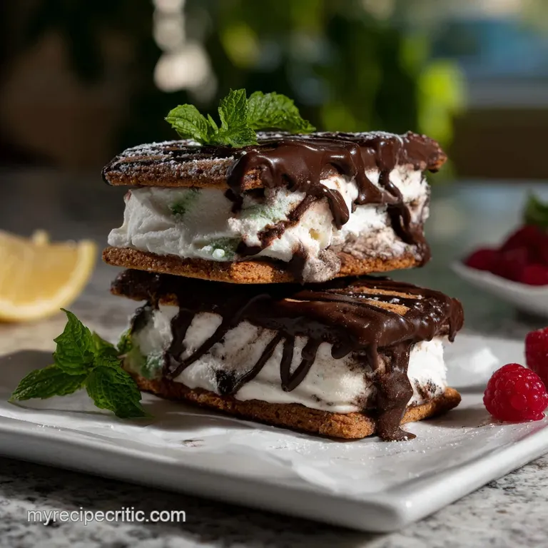 Single ice cream sandwich, rich chocolate wafers offset a scoop of melting vanilla bean ice cream, ready to eat.