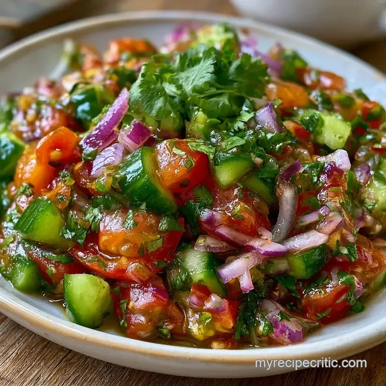 Finely diced red tomatoes, green cucumbers, and onions served in a ceramic bowl with a side of fresh lime wedges.