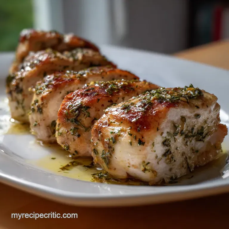 Perfectly seared chicken breast, glistening with garlic and herb-infused juices, artfully plated with fresh parsley sprigs...