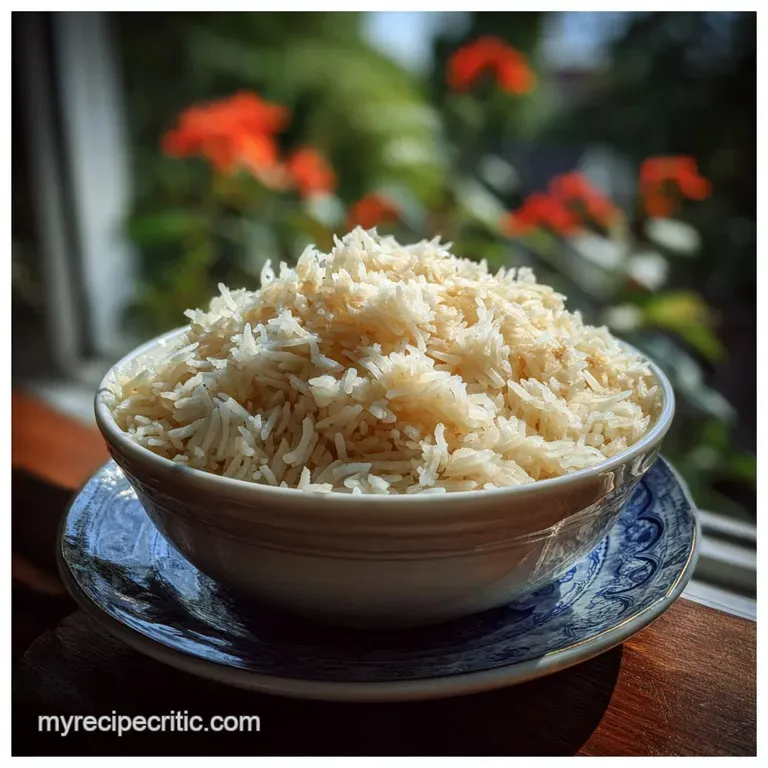 Steaming white rice, artfully mounded on a dark plate, with a scattering of fresh herbs. The grains look tender and inviting.