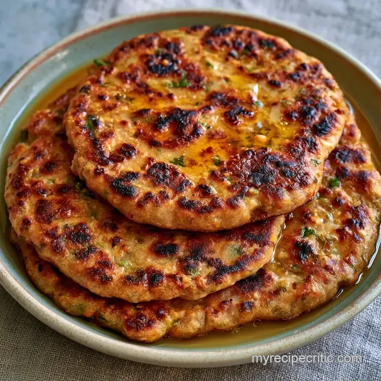 A stack of flaky, buttery flatbreads served on a rustic platter with bowls of creamy yogurt and zesty mango pickle.
