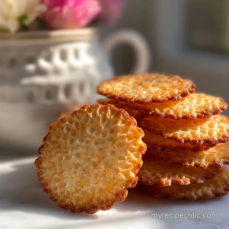A stack of burnished, delicate lace cookies served on a simple white plate. Light glints off their fragile, caramelized ed...