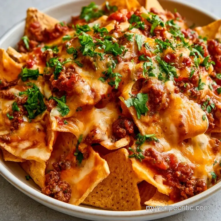Golden tortilla chips piled high with melted cheese, savory beef, and bright green jalape&ntilde;os on a dark slate platter.
