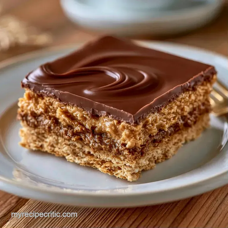Stacked squares of chocolate-topped bars on a white ceramic plate, highlighting the clean layers and glossy finish.