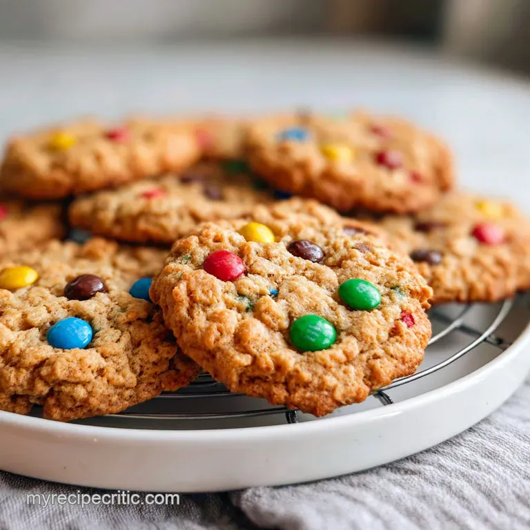 A stack of vibrant, crisp monster cookies, showcasing their bumpy textures and colorful mix-ins on a rustic wooden surface.