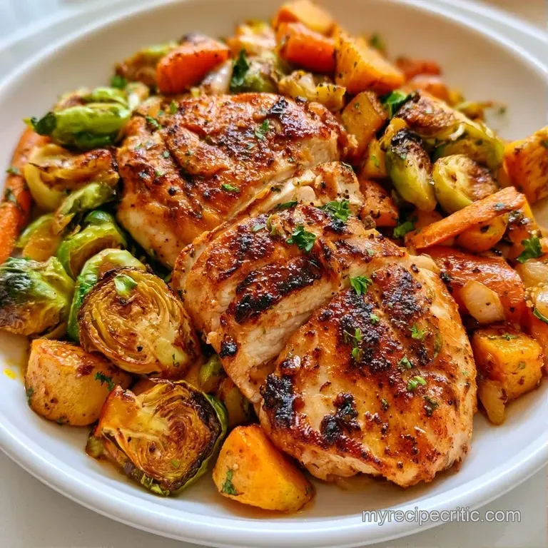 Sliced golden poultry breast atop charred sprouts on a white ceramic plate, finished with a drizzle of amber syrup.