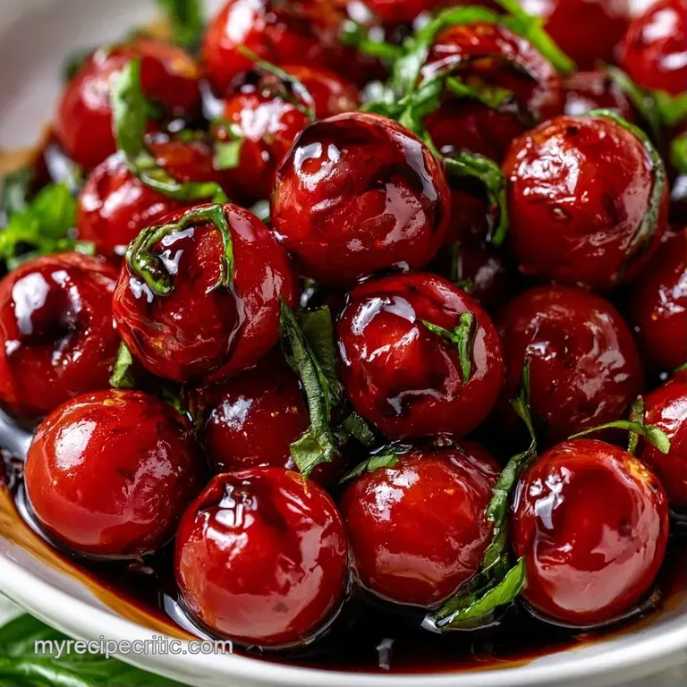 Vibrant red and yellow tomatoes in a crystal bowl with shimmering golden oil and scattered fresh green herbs.