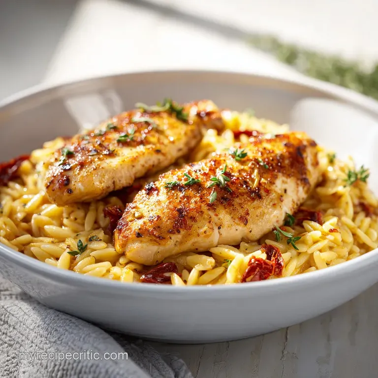 A shallow white bowl filled with creamy pasta, topped with a seared chicken breast and bright green fresh parsley.