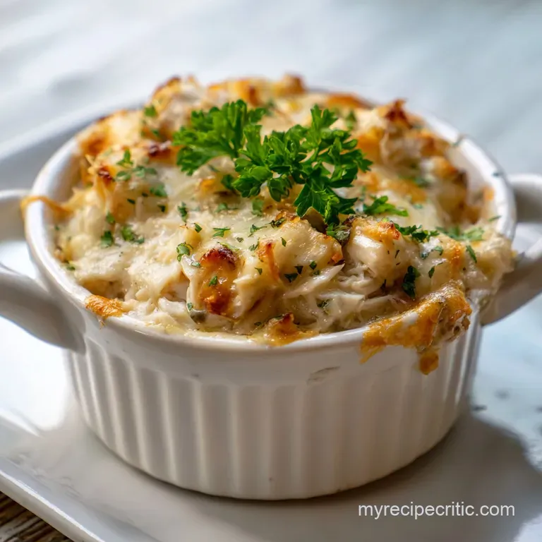 Creamy, melted crab dip in a white ceramic crock surrounded by toasted baguette slices and crisp vegetable sticks.