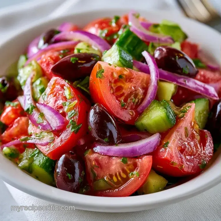 Vibrant red tomatoes and purple onions in a white ceramic bowl topped with crumbled white feta and fresh parsley.