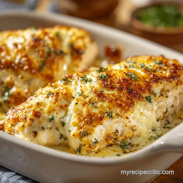 Two succulent chicken breasts on a white ceramic plate, drizzled in a rich cream sauce with steamed baby carrots.