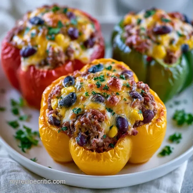 Vibrant red and yellow peppers filled with savory grains, drizzled with cream and garnished with sliced avocado.