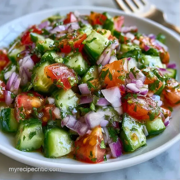 A vibrant mix of chopped cucumbers and red onions in a white bowl, dusted with deep red sumac and fresh parsley.