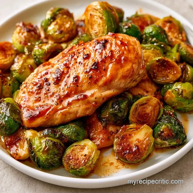Sliced glazed poultry breasts arranged over vibrant green charred sprouts with a drizzle of thick, glossy syrup.