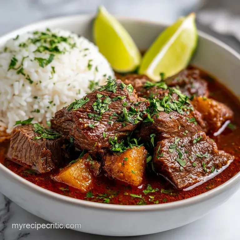Elegant portion of beef stew in a white bowl, garnished with fresh cilantro and a drizzle of olive oil, steam rising.