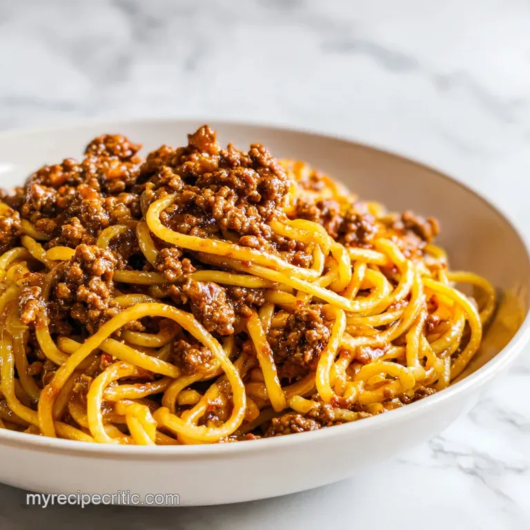 Glazed brown noodles and beef in a white bowl, topped with green onion curls, set against a dark moody background.