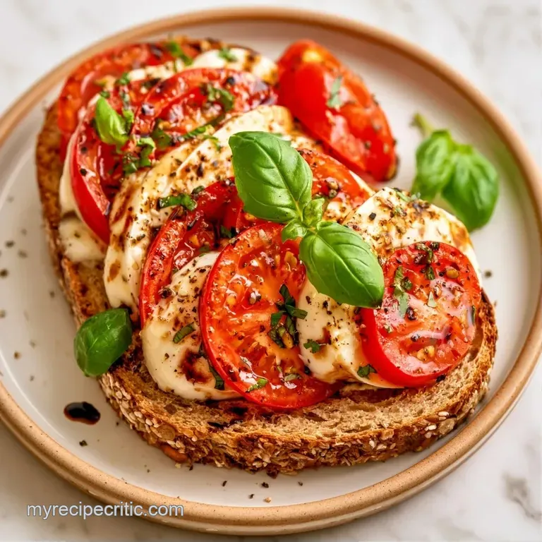 Neatly sliced caprese sandwich on a white ceramic plate, drizzled with dark balsamic glaze and fresh basil leaves.