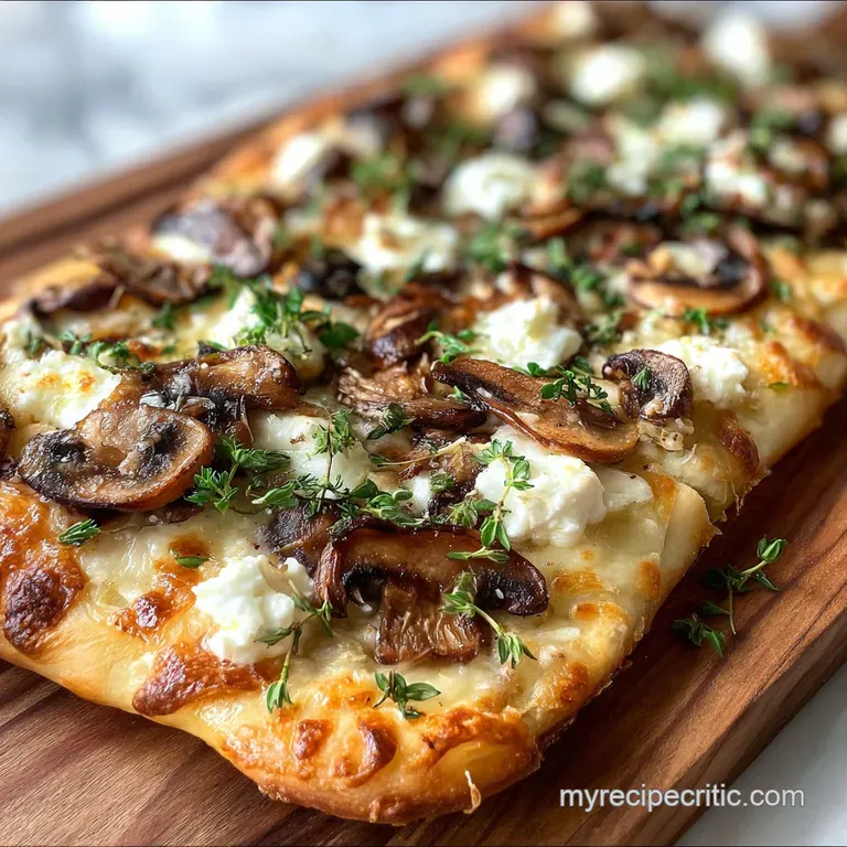Wedges of crisp flatbread artfully arranged on a white plate, highlighting melted cheese and earthy mushroom textures.
