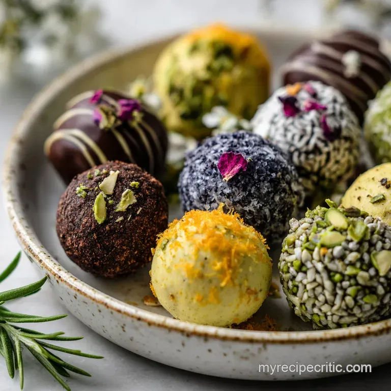 Perfectly formed peanut butter protein balls nestled in a small white bowl, garnished with a sprinkle of chia seeds, ready...