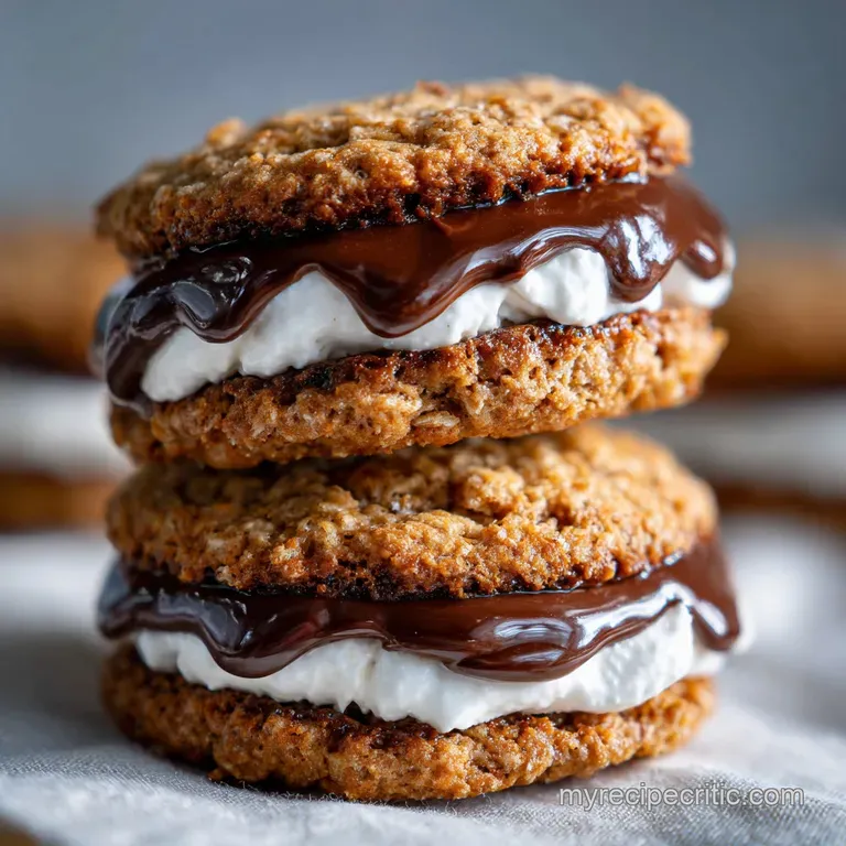 Oatmeal cream pie half, filling exposed, on a white plate. Crumbly edges and soft filling invite a bite.