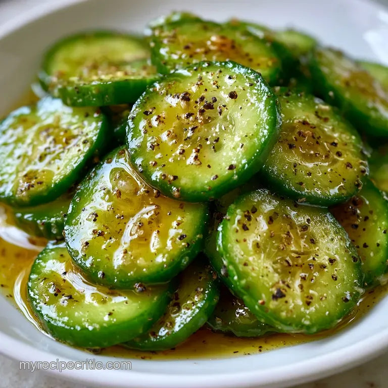 Crisp cucumber slices drizzled with glossy oil and herbs, plated on a minimalist white ceramic dish.