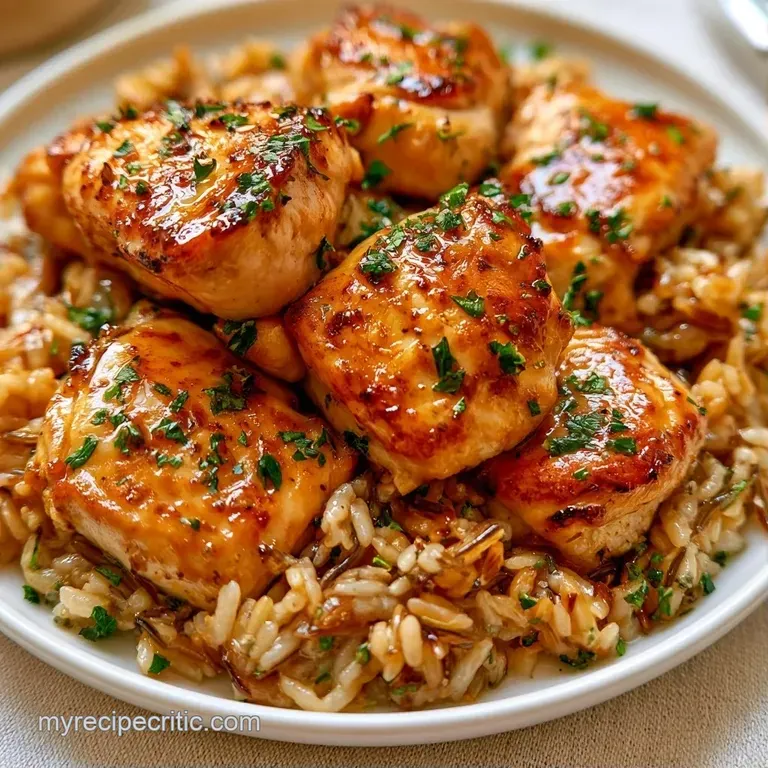 A white ceramic bowl filled with creamy rice and golden chicken, topped with a sprig of fresh parsley and cracked pepper.