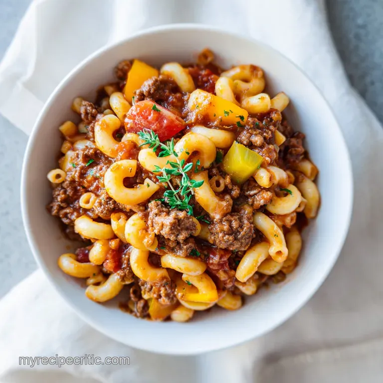 A generous serving of comforting goulash in a rustic bowl, topped with fresh parsley and a dollop of sour cream.