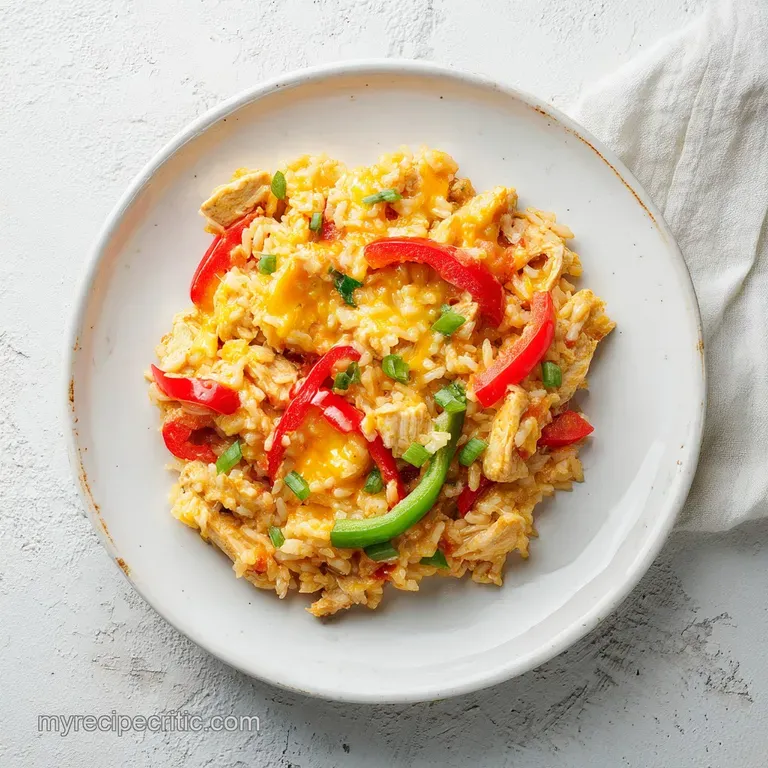Creamy queso chicken and rice piled high on a plate, garnished with cilantro and a lime wedge. Steaming and flavorful.