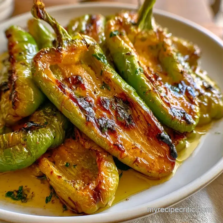 Charred green peppers drizzled with olive oil, garnished with fresh parsley on a minimalist white ceramic plate.