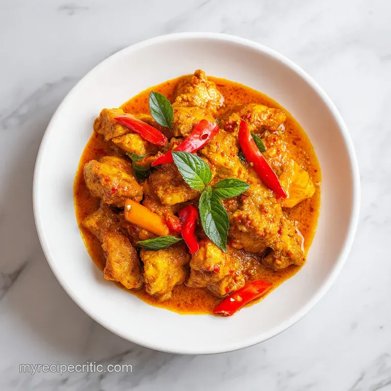 A vibrant bowl of panang curry, topped with fresh cilantro and a swirl of creamy coconut milk, with jasmine rice.
