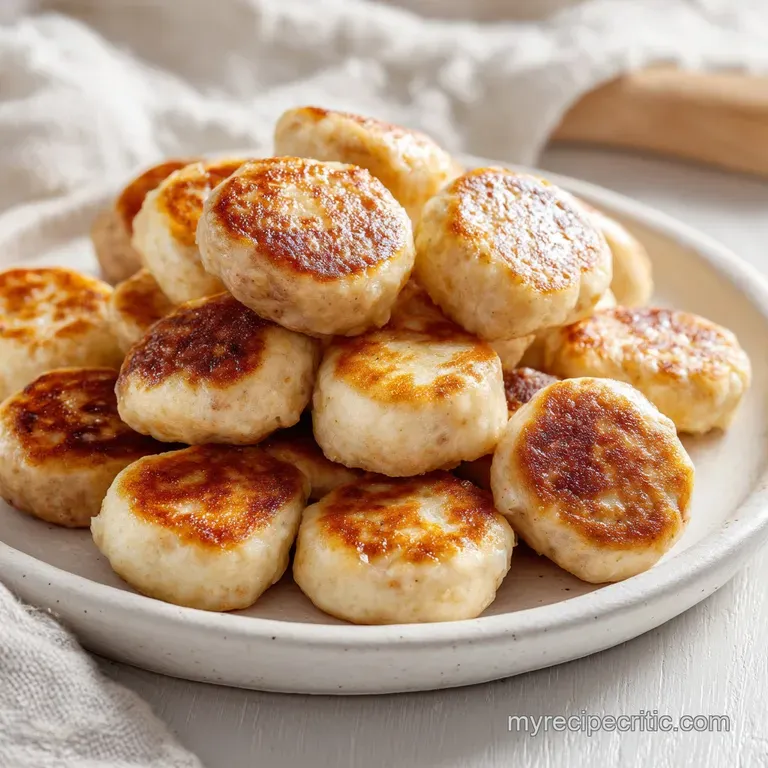 Tiny golden cakes paired with browned sausage on a white plate, garnished with a sprig of parsley and maple syrup.