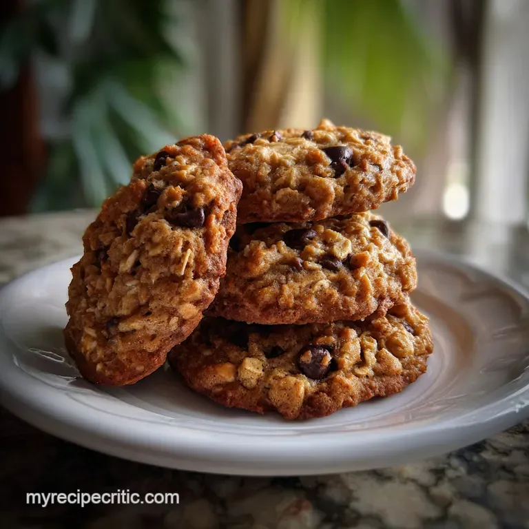 Three peanut butter oatmeal cookies artfully arranged on a white plate, showcasing a warm, inviting texture and rich brown...