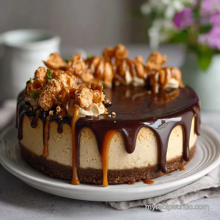 Slice of peanut butter cheesecake with dark chocolate on a white plate, drizzled with sauce and topped with chopped nuts.