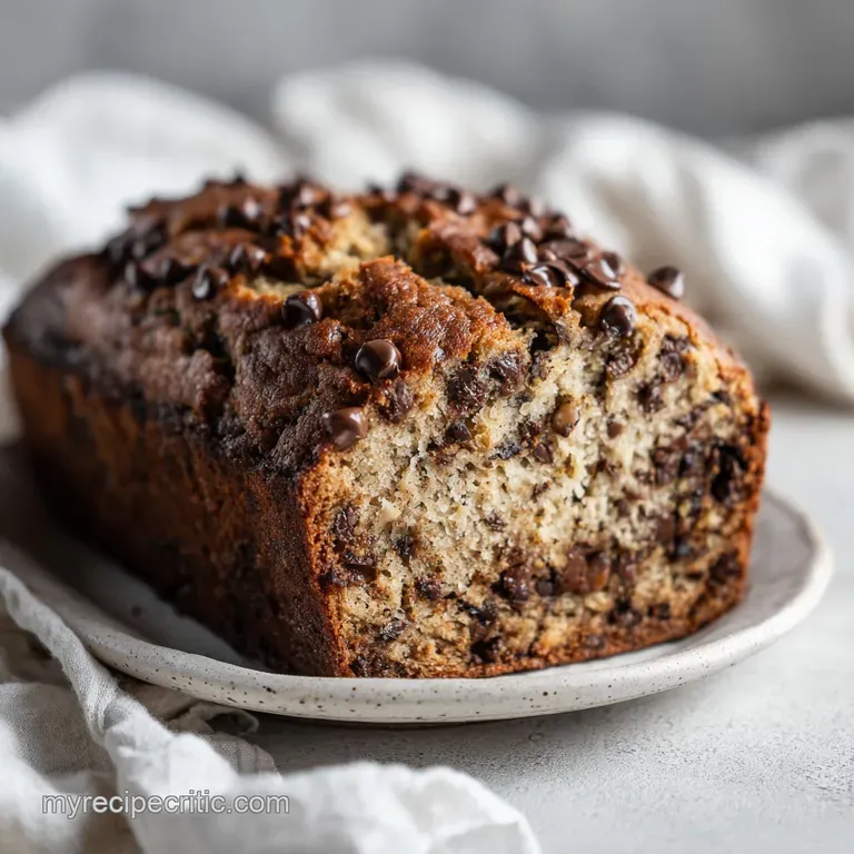 A generous slice of moist banana bread, topped with creamy peanut butter swirls and melted chocolate chunks, elegantly pla...