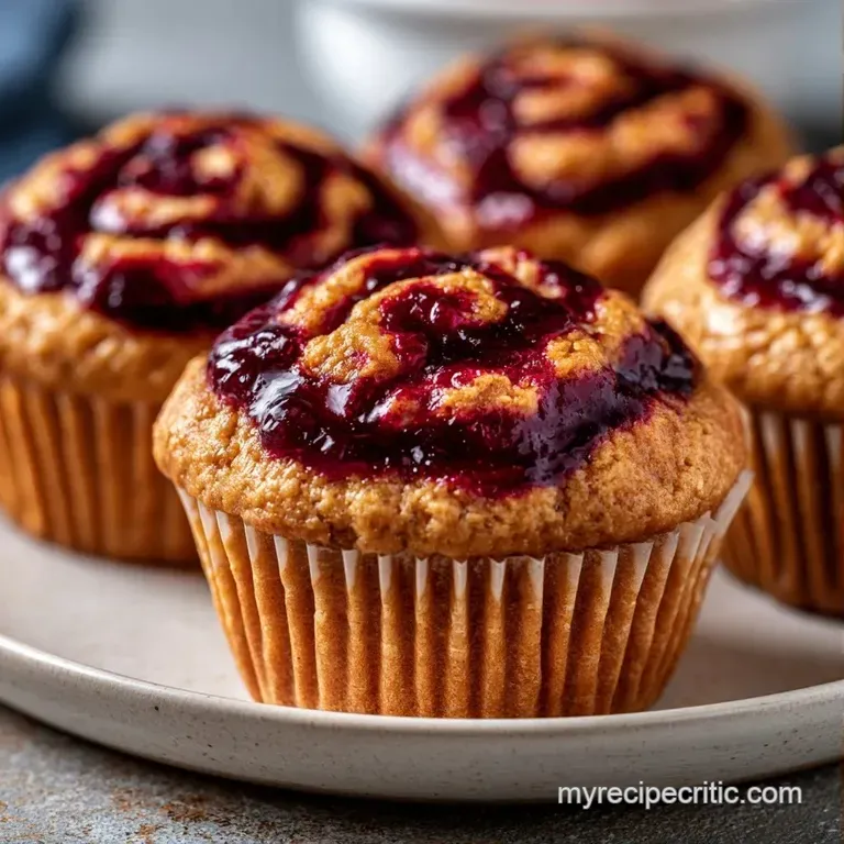 Two fluffy golden muffins on a white ceramic plate, accented by fresh berries and a dusting of powdered sugar.
