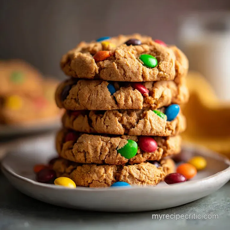A stack of soft, golden-brown peanut butter monster cookies with a slightly cracked surface and visible candy pieces on a ...