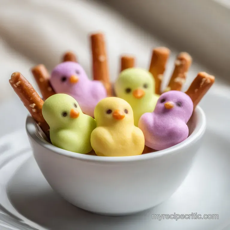 A colorful arrangement of pretzel rods dipped in white and pastel chocolate, adorned with mini pastel eggs.