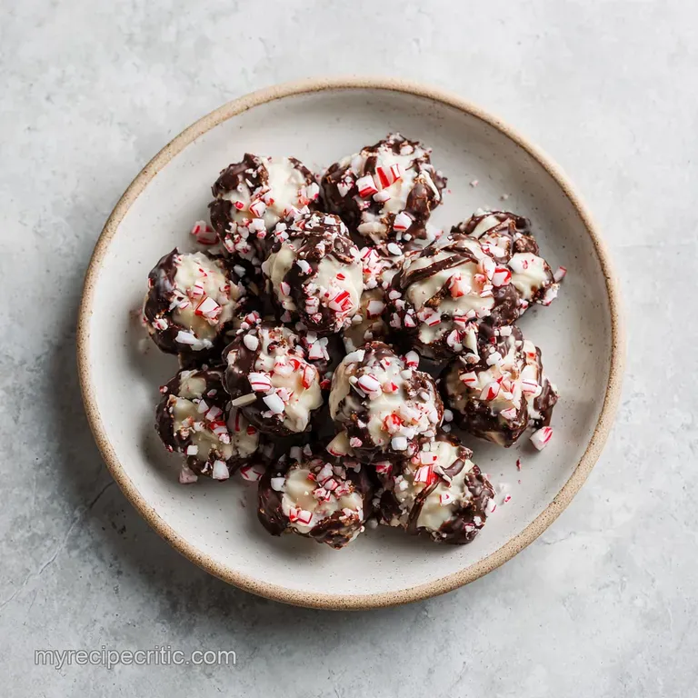 A neat stack of dark chocolate pretzel bites dusted with crushed peppermint, on a white plate.