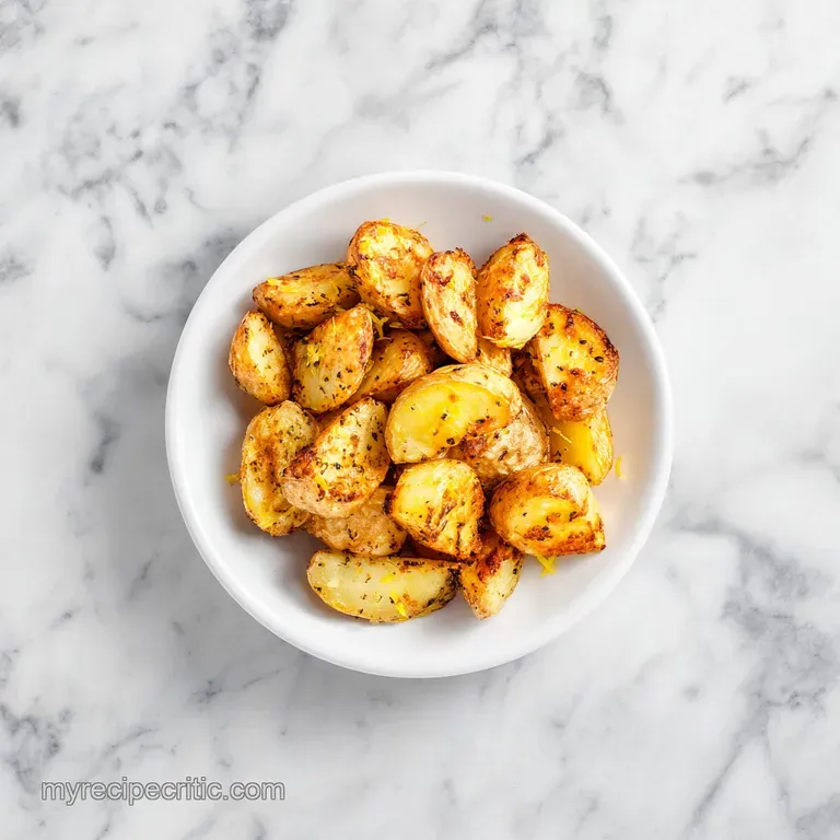 A rustic white plate showcasing tender, golden-brown lemon potatoes piled high with fresh parsley.