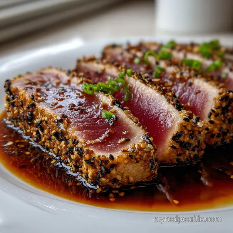 Seared Ahi Tuna: Sesame-Ginger Crust with Quick Ponzu presentation