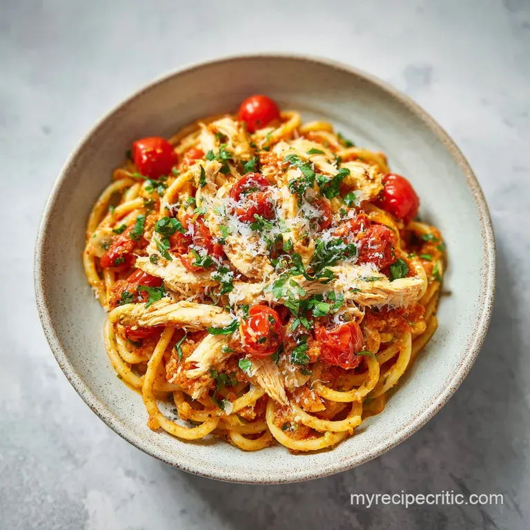 A beautifully plated twirl of pesto pasta with chicken, bright tomatoes, and fresh basil, hints of steam rising up suggest...