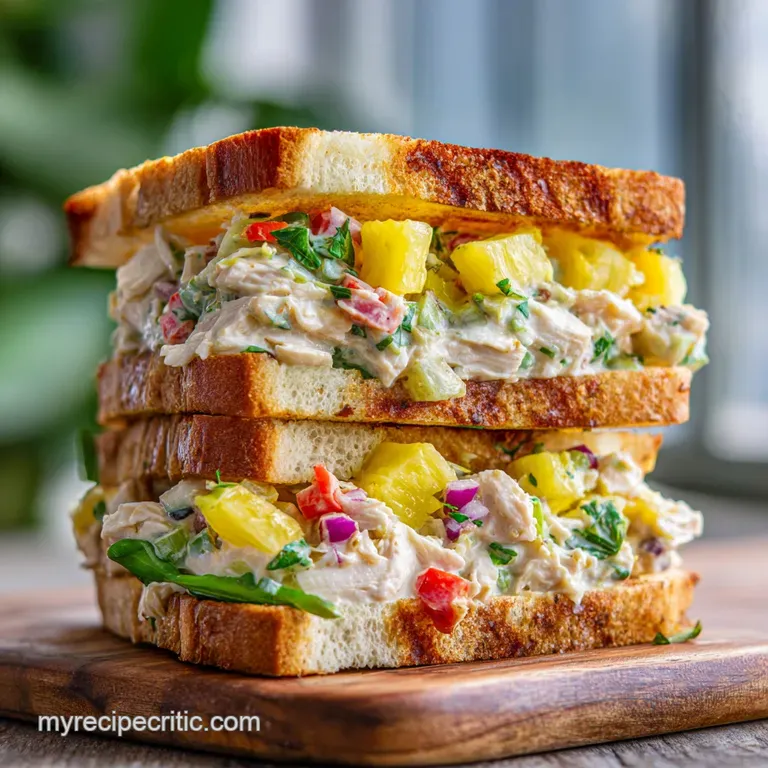 Golden-brown toasted bread halves cradling scoops of vibrant pineapple chicken salad, garnished with a sprig of parsley.