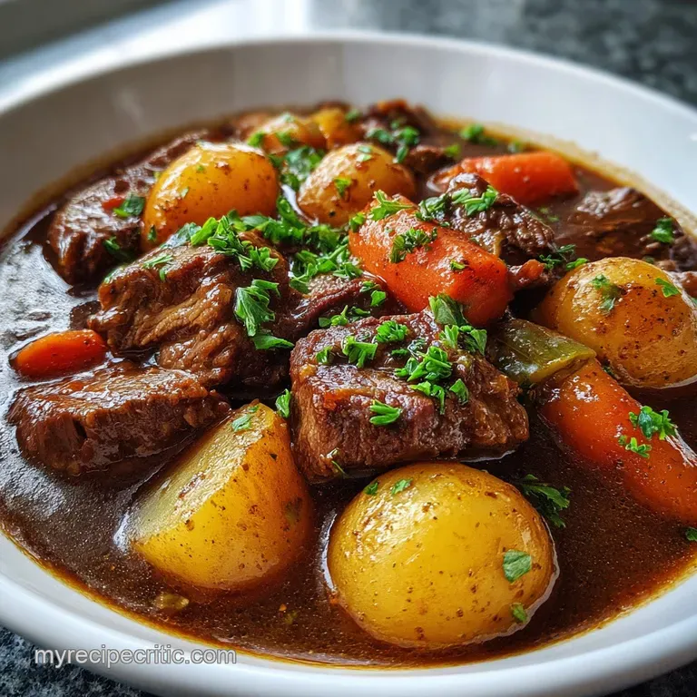 Close-up of beef stew served in a white bowl, garnished with fresh parsley. Steaming with tender beef and plump vegetables.