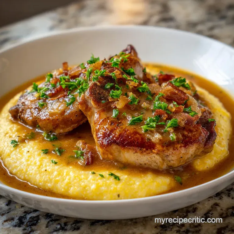 Seared pork chop atop creamy grits, drizzled with savory pan sauce. Garnish of fresh thyme sprig on a white plate with linen.