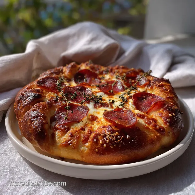 Individual pizza slice on a white plate. The pretzel crust is thick and golden, topped with bubbly cheese, and a few perfe...