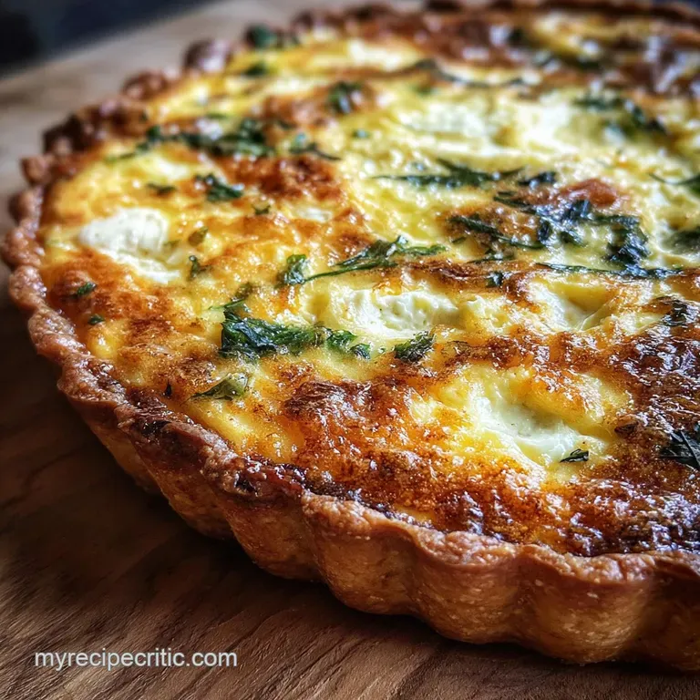 Slice of flaky quiche on a white plate. Golden crust contrasts with the smooth, pale filling. Parsley garnish adds a fresh...